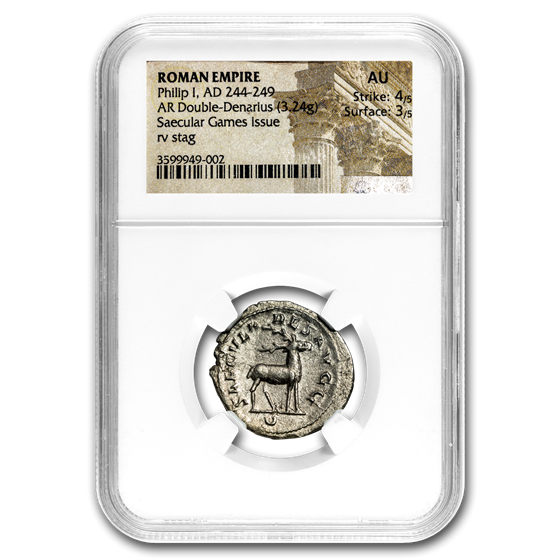 Roman Dbl. Denarius Phillip I Secular Games (244-249 AD) AU NGC Roman Dbl. Denarius Phillip I Secular Games (244-249 AD) AU NGC